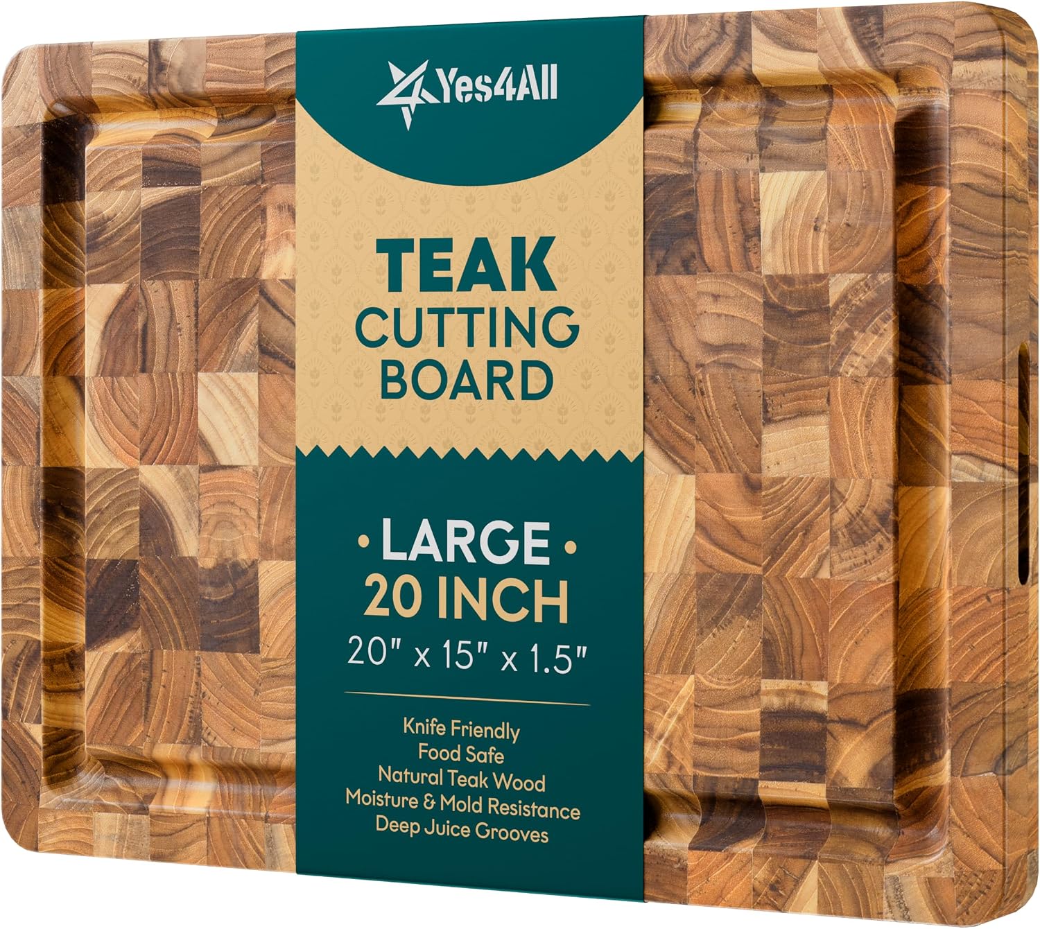Yes4All Large Teak Cutting Board, End Grain Chopping Board, 20"x 15"x 1.5"
