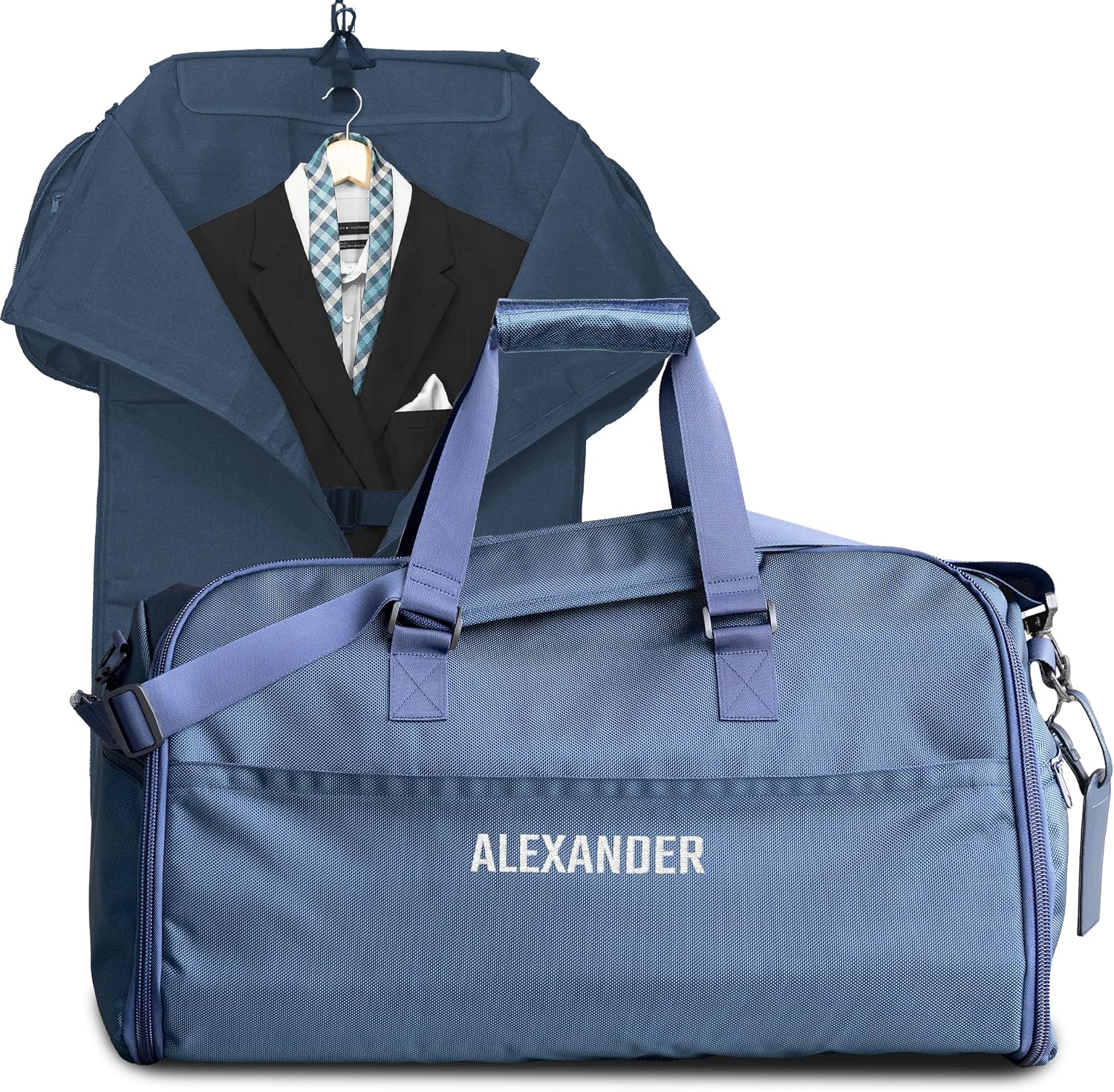 Suit Saver Convertible Hanging Garment Duffle Bag, Custom Embroidery, Blue, Black and Grey, Ballistic Nylon, with Adjustable Shoulder Strap and Separate Shoe Compartment (Blue)