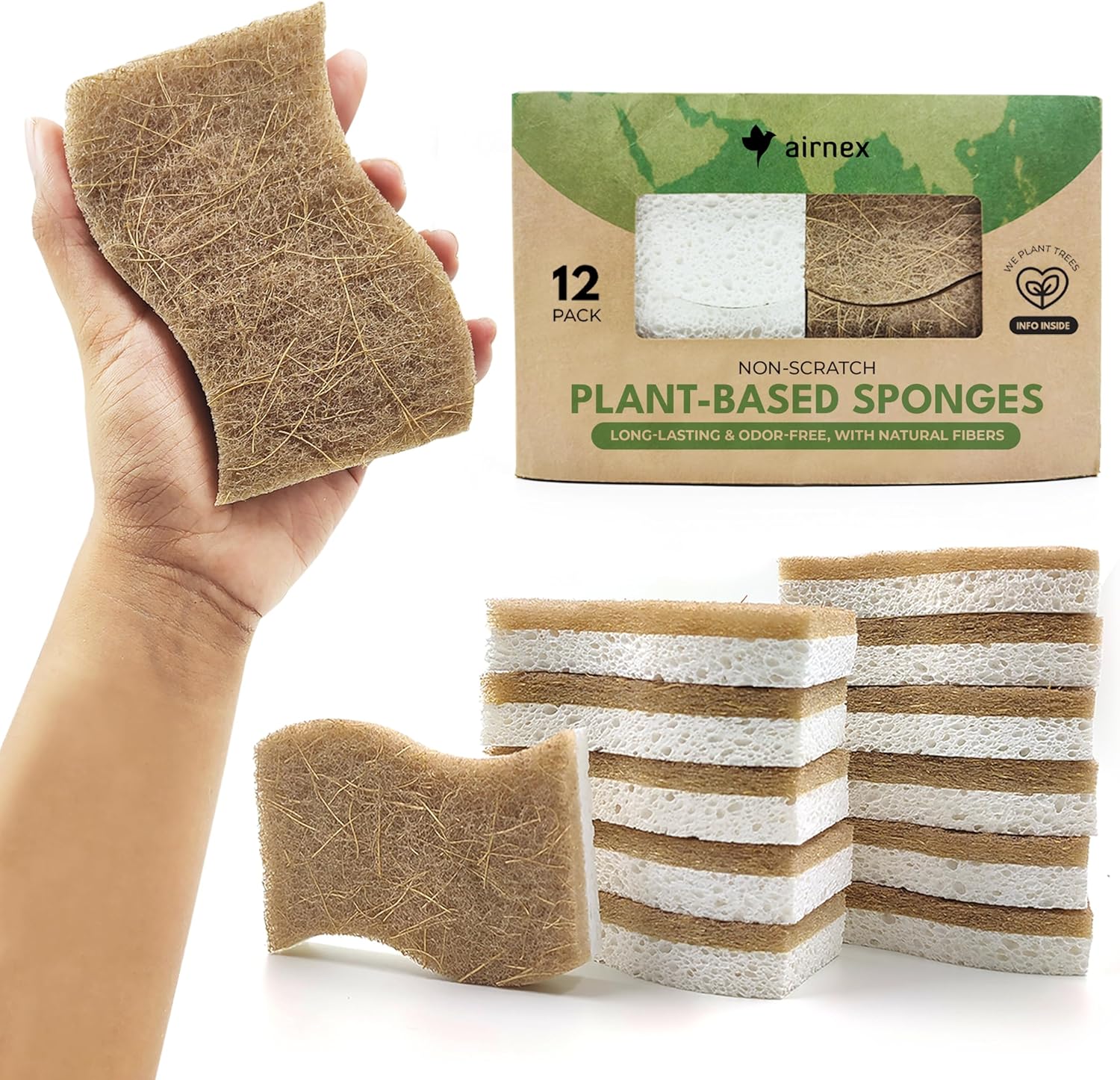 AIRNEX Natural Kitchen Sponges (12 Pack) - Plant-Based Cellulose & Coconut Scrubber Dish Sponges for Kitchen - Eco-Friendly, Non Scratch, Compostable, Non Toxic S-Shaped Natural Sponges for Dishes