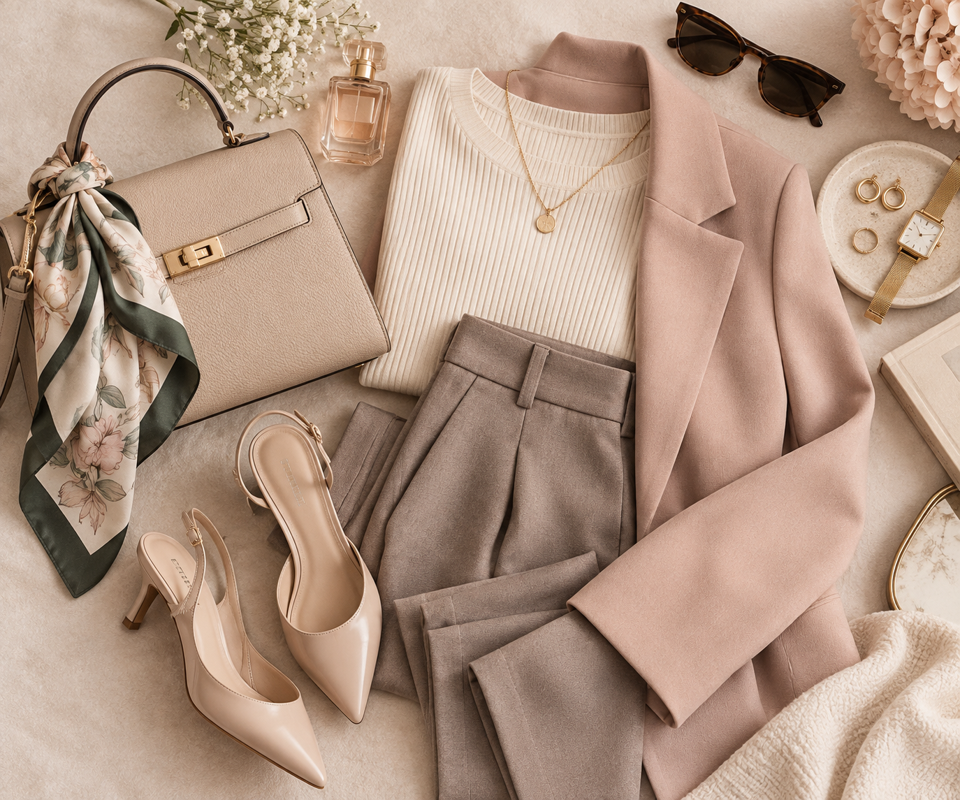 Woman wearing an elegant neutral fashion outfit